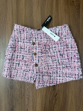 Misa Los Angeles Pink Tweed Button-Front Skort with Navy Accents